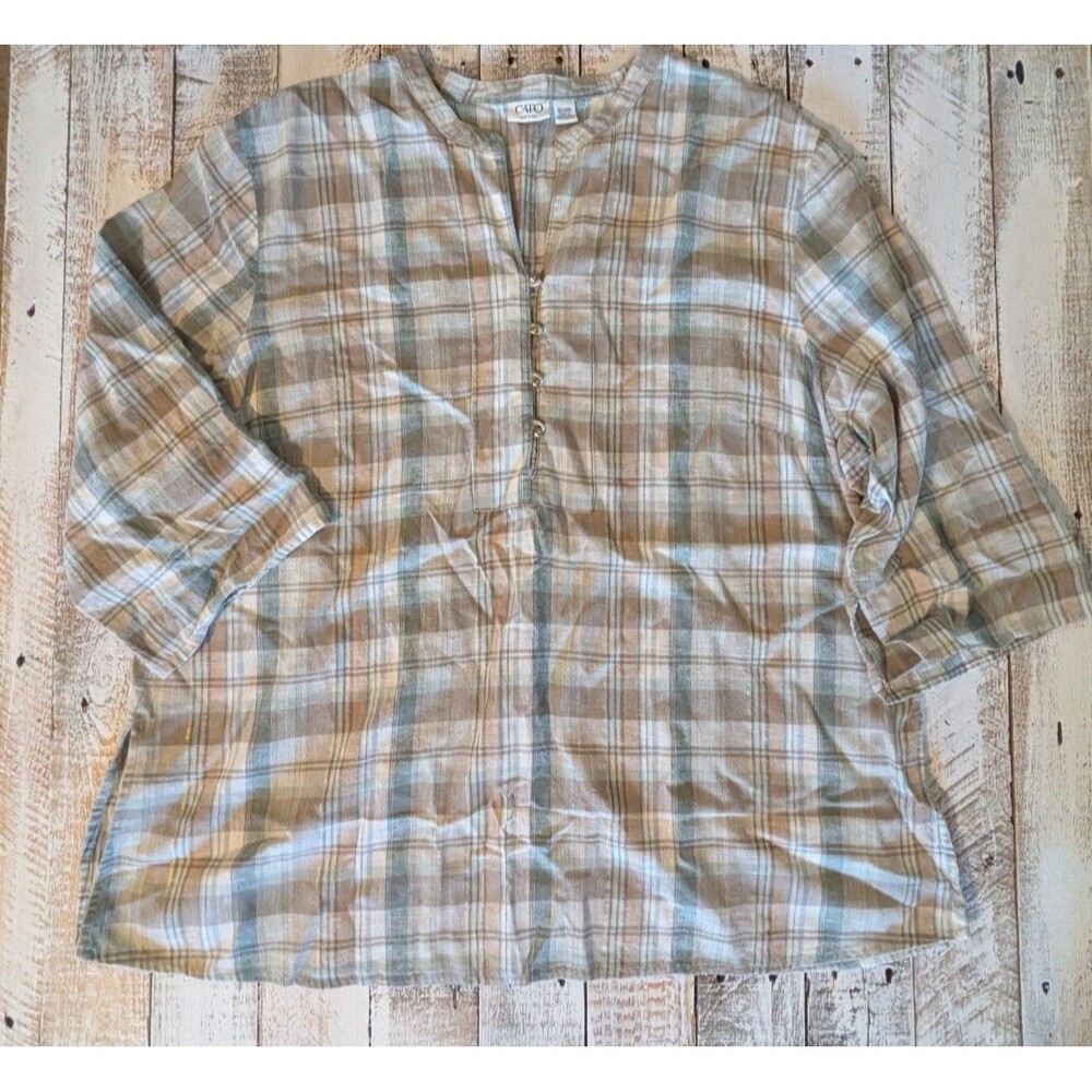 Cato Plaid Button-Front Tunic Split Neck 3/4 Sleeve Blouse Women's Plus 22/24W
